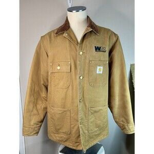 VTG Carhartt Blanket Lined CO1 BRN Brown Chore Barn Coat 44 Embroidered Logo EUC